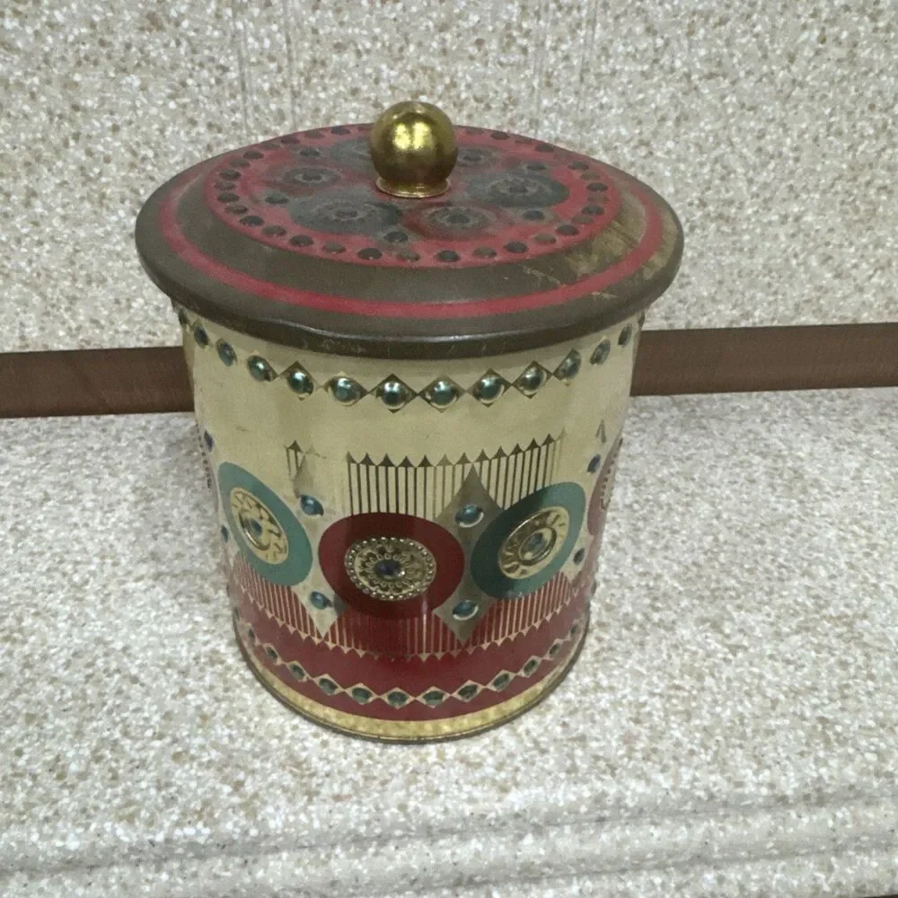 English Tea Tin Embossed Cylinder 1960s Gold Green Red Vintage Metal Tin